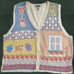 VINTAGE cottage pastel knit sweater cardigan vest window garden flowers floral